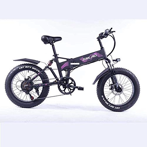 Electric Bike : PARTAS Sightseeing / Commuting Tool - Folding Electric Bike 500W Motor With 48V 10Ah Removable Lithium-Ion Battery 20 Inch Ebike Fat Tire Electric Bicycle (Color : 48V500W Purple)