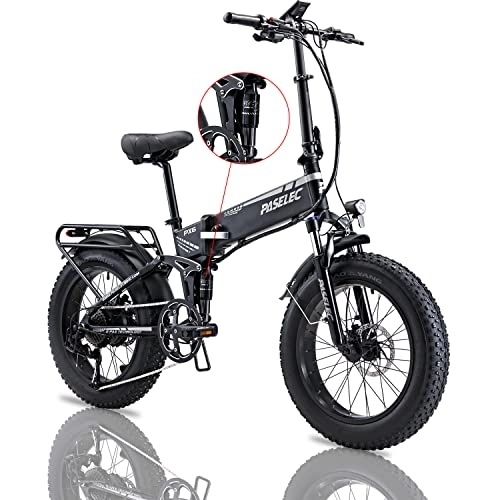 Electric Bike : PASELEC Electric Bikes for Adults Folding Electric Bicycle Fat Tire 20 * 4.0 Ebike 48V 12AH E bikes with Double Shock Absorption, 9 Gears Speed, Hydraulic Disc Brakes for Men Women (BLACK)