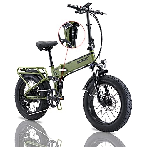 Electric Bike : PASELEC Electric Bikes for Adults Folding Electric Bicycle Fat Tire 20 * 4.0 Ebike 48V 12AH E bikes with Double Shock Absorption, 9 Gears Speed, Hydraulic Disc Brakes for Men Women (GRE)