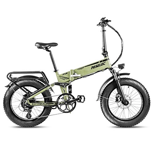 Electric Bike : Paselec Electric Folding Bike Full Suspension 20'' Fat Tire 8 Speed Gears Ebike with 14Ah Battery Power Regeneration (Green)