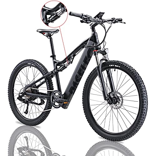 Electric Bike : PASELEC Electric Mountain Bikes for Adults 27.5'' Electric Bicycle Hydraulic Brake 48V 13ah Ebike Moped Cycle Full Suspension E-MTB, Professional 9-Speed Gears for men women (BLACK)