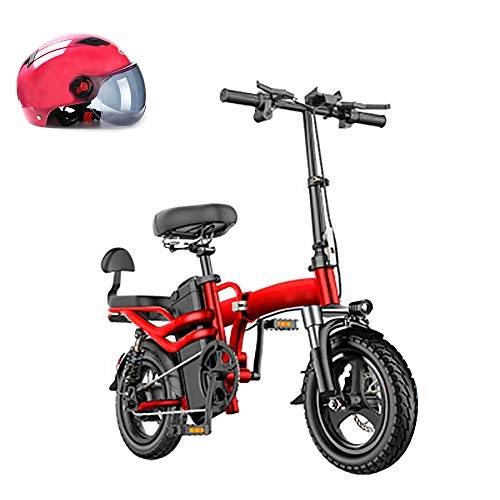 Electric Bike : Pc-Glq 14'' Folding Electric Bike Ebike, 250W Motor Electric Bicycle with 48V 10AH Removable Lithium-Ion Battery, Dual Disc Brakes, Foldable Handle, Red