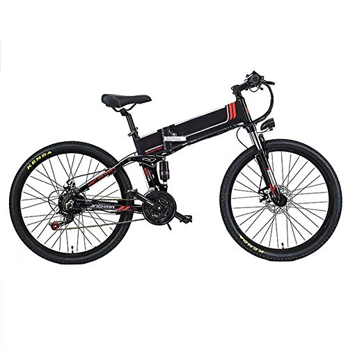 Electric Bike : Pc-Glq 26'' Electric Bike, Folding Electric Mountain Bike with 48V 10Ah Lithium-Ion Battery, 350 Motor Premium Full Suspension And 21 Speed Gears, Lightweight Aluminum Frame, Black
