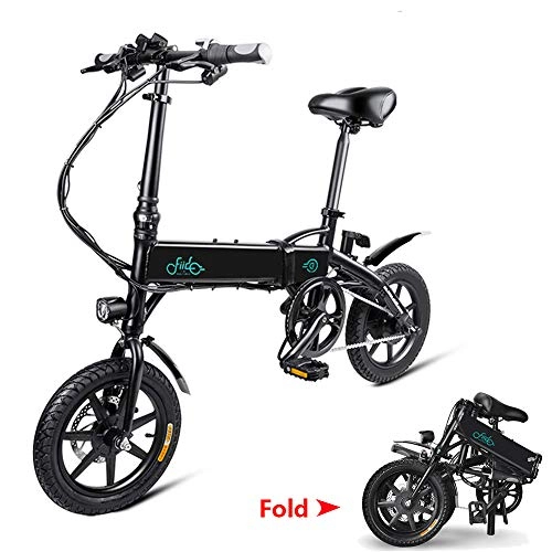 Electric Bike : Phaewo Folding Electric Bike, D1 Ebike 10.4Ah Li-ion Battery 250W Three Work Modes 14 Inch with Front LED Light for AdultD1-Black