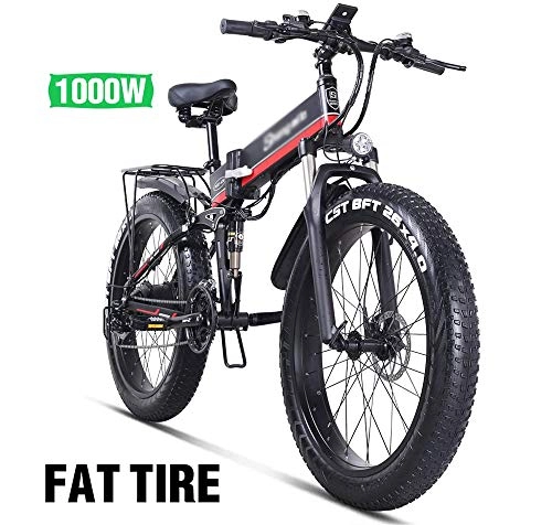 Electric Bike : PHASFBJ 26'' Electric Mountain Bike, Electric Bicycle Fat Tire with Removable Large Capacity Lithium-Ion Battery 1000w 48v Electric Bike 21 Speed Gear and Three Working Modes, Red
