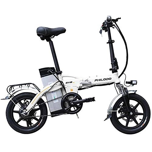 Electric Bike : PinkDreamland 14" Foldable Electric Bicycle Adult Smart Portable Aluminum Alloy Bicycle with Detachable Lithium Ion Battery 48V 250W 3 Riding Modes, White