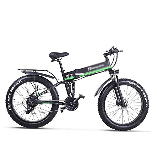 Electric Bike : Pumpink E-Bike 1000W Electric Bicycle, Folding Mountain Bike, Fat Tire Ebike, 48V 12.8AH, E-Mountain Bike Adult, Teenager (Color : Green)