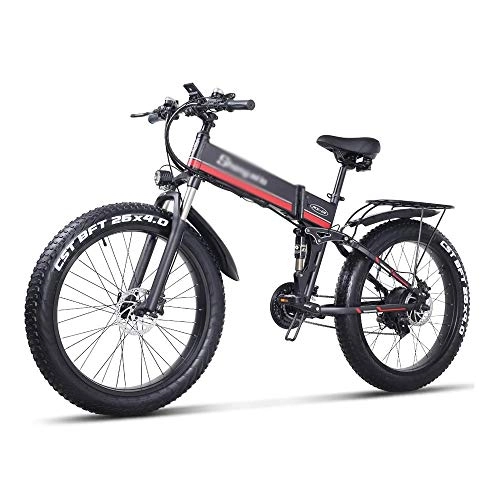 Electric Bike : Pumpink E-Bike 1000W Electric Bicycle, Folding Mountain Bike, Fat Tire Ebike, 48V 12.8AH, E-Mountain Bike Adult, Teenager (Color : Red)