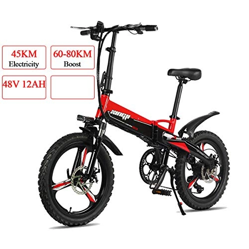 Electric Bike : PXQ 20" Folding Mountain Bicycle Bikes 48V 12AH Full Suspension Fork and Double Shock Absorber Adults E-bike 7 Speeds Aluminum Alloy Road Bicycle with Remote Control, Red