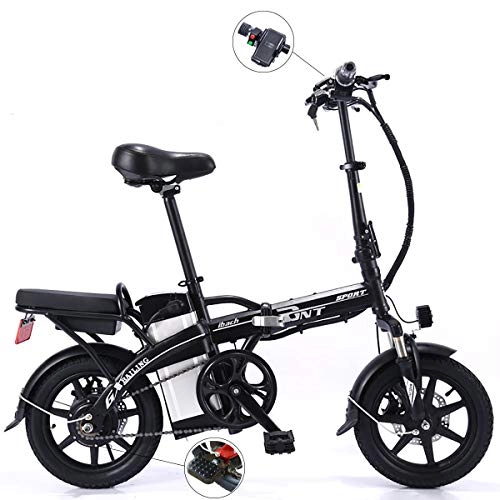 Electric Bike : PXQ Adult 14 Inch Folding Electric Bicycle 250W 48V Top Speed 25km / h E-Bike Commuter Bike with Double Disc Brakes and Shock Absorber Front Fork, Black, 8A
