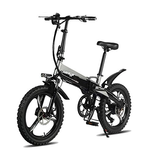 Electric Bike : PXQ Electric Mountain Bike 48V Adults Aluminum Alloy 20" Folding E-bike Bicycles with 7-speeds Shift and Max Speed 30KM / H, Full Suspension Fork and Double Shock Absorber, Gray