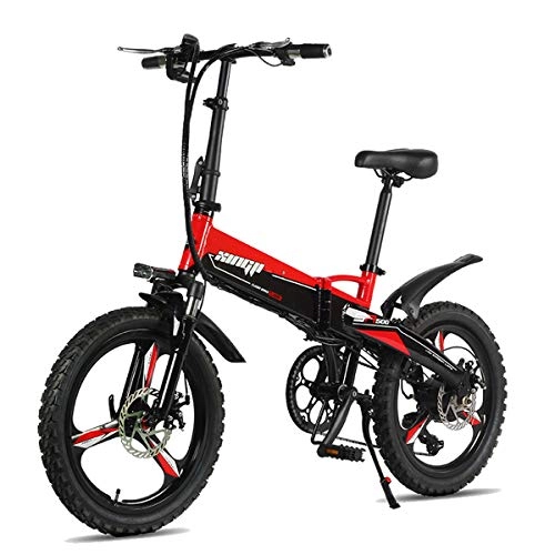 Electric Bike : PXQ Electric Mountain Bike 48V Adults Aluminum Alloy 20" Folding E-bike Bicycles with 7-speeds Shift and Max Speed 30KM / H, Full Suspension Fork and Double Shock Absorber, Red