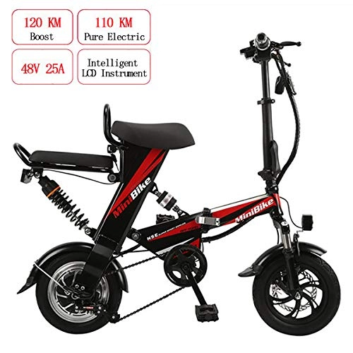 Electric Bike : PXQ Folding Electric Bicycle 12" Adult Double Disc Brakes City Commuter Bike 48V 350W Double E-Bike with Top Speed 25km / h, Black, 25A
