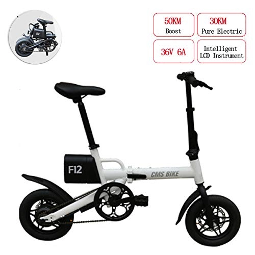 Electric Bike : PXQ Folding Electric Bicycle 12" Double Disc Brakes City Commuter Bike 250W 36V Removable Lithium Battery Mini E-Bike with 30KM Range and Top Speed 25km / h, White