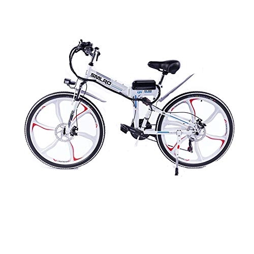 Electric Bike : QDWRF Electric Mountain Bike Integrated wheel, 350W 26'' Electric Bicycle with Removable 36V 8AH / 10 / 15 AH Lithium-Ion Battery for Adults, 21 Speed Shifter White 48V10AH350W