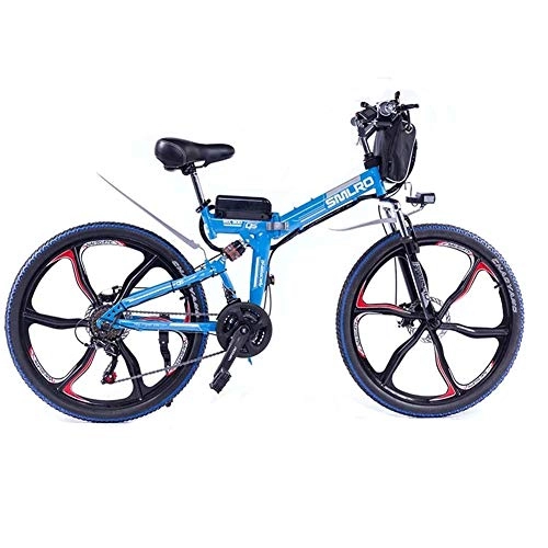 Electric Bike : QDWRF Electric Mountain Bike Integrated wheel, 350W 26'' Electric Bicycle with Removable 48V 8AH / 10 / 15 AH Lithium-Ion Battery for Adults, 21 Speed Shifter Blue 48V10AH350W
