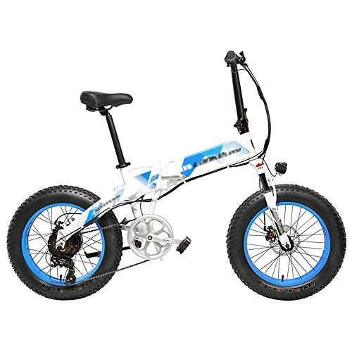Electric Bike : Qinmo 400W Electric Bicycle, Folding Mountain Bike, Fat Tire Ebike, 48V 12.8AH 7 Speed Snow Bike，Aluminium Alloy Frame Mountain Bike (Color : White Blue, Size : 12.8ah)