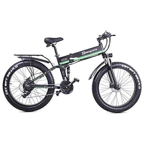 Electric Bike : Qinmo Aluminum alloy bicycle bike all terrain, 1000W powerful electric snow bike, 48V super large battery E bike 21 speed outdoor sports riding (Color : Green)