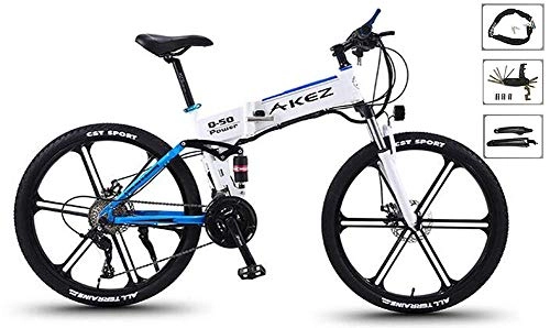 Electric Bike : Qinmo Electric bicycle, Electric Mountain Bike, 26" Folding E-Bike with Lightweight Magnesium Alloy and 6 Spokes Integrated Wheel, 27 Speed Gear, Premium Full Suspension (Color : White)