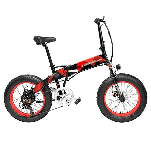 Electric Bike : Qinmo Fat Tire Ebike，400W Electric Bicycle, Folding Mountain Bike, 48V 12.8AH 7 Speed Snow Bike，Aluminium Alloy Frame Mountain Bike (Color : Black Red, Size : 10.4ah)
