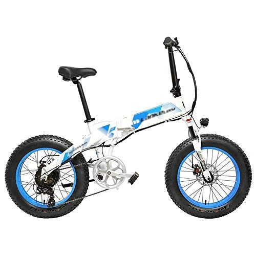 Electric Bike : Qinmo Folding Mountain Bike, 400W Electric Bicycle, Fat Tire Ebike, 48V 12.8AH 7 Speed Snow Bike，Aluminium Alloy Frame Mountain Bike (Color : White Blue, Size : 10.4ah)