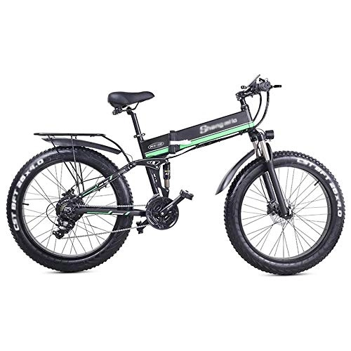 Electric Bike : Qinmo Mens Mountain Bike, Alloy Ebikes Bicycles All Terrain, 1000W Strong Electric Snow Bike, 48V Extra Large Battery E Bike 21 Speed Fat Bike (Color : Green)