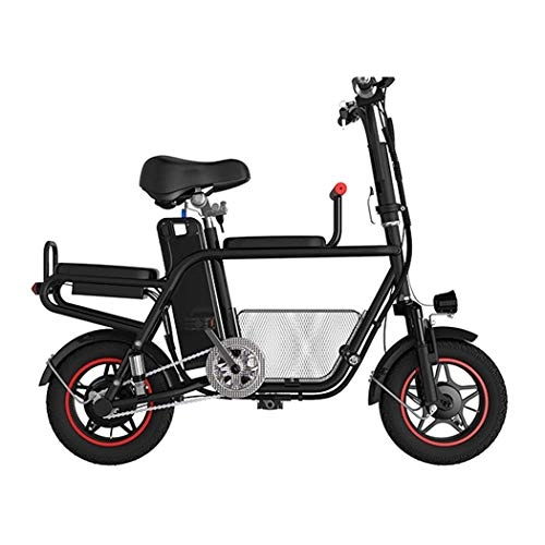 Electric Bike : QIONGS Electric Bikes, Removable Lithium Ion Battery, Drum Brakes, LCD Display, 37KM / H, Driving Range 28KM, Shock Absorber, Three Seats, BasketTwo-Wheel Folding Electric Bike, Black
