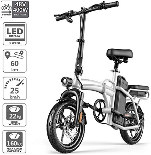 Electric Bike : QLHQWE Folding Electric Bike, Magnesium alloy 14 Inch E- Bike for Adults 3-Speed Electric Urban commuter scooter with 400W brushless Motor