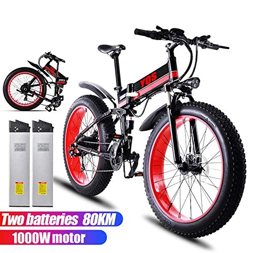 Electric Bike : Qnlly 26 Inch 1000W Electric Mountain Bike Shimano 21 speed 48V 12A Lithium Battery Aluminum Electric Bicycle Adult Frame Assisted EBike (2 Batteries 80KM), Red