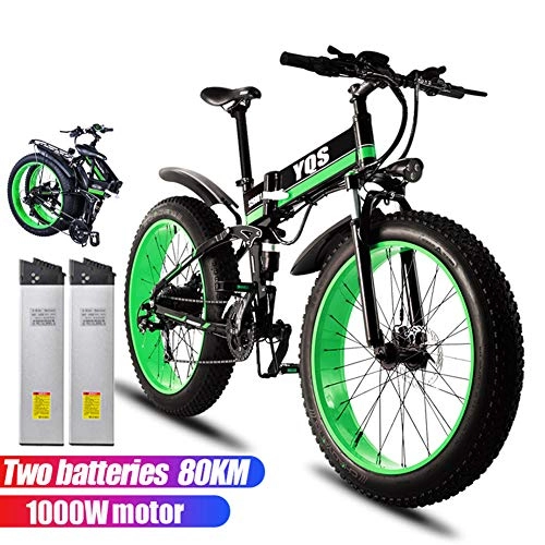 Electric Bike : Qnlly Electric Bicycle 1000W 80 KM 4.0 Fat Tire Snow Mountain bike Ebike Electric Bike Ebike 48V Electric Bicycle(2 batteries), Green