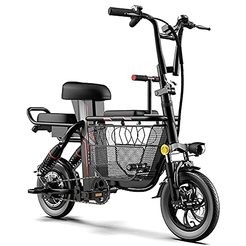 Electric Bike : QTQZ Multi-purpose Folding Electric Bike Adults 12" 350W E-Bike Large Capacity Basket for Family Shopping 3-Seat for Baby and Kids 48V Lithium Battery Dual Shock Absorbers for Travel Outdoor
