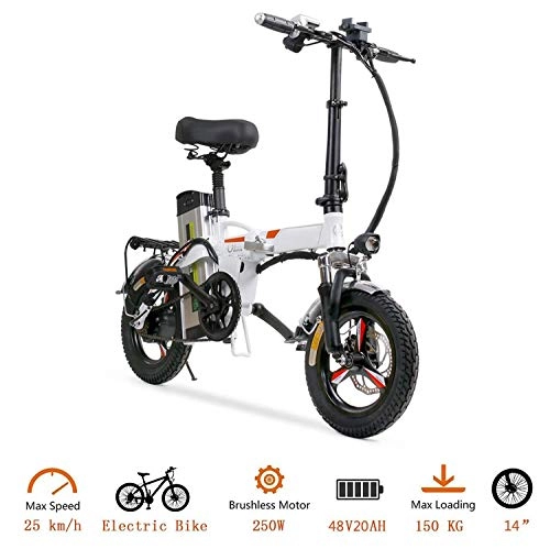 Electric Bike : QUETAZHI Folding Portable Electric Bicycle, Electric Bicycle 14 Inches Tires 400W Maximum 35km / H E Adult Bicycle QU526 (Color : White)
