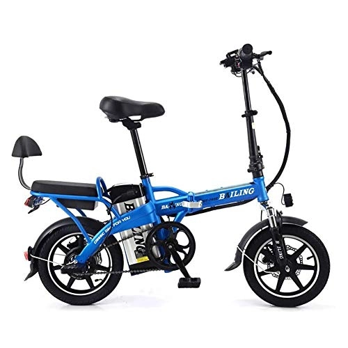 Electric Bike : QUETAZHI Mini Foldable Electric Bicycle 14 Inches 8A Cool Cycle Electric Bicycle Electric Bicycle Double Disc Lithium Bis QU526 (Color : Blue)