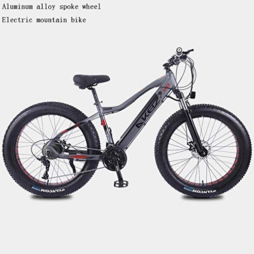 Electric Bike : QZ Adult Fat Tire Electric Mountain Bike, 27 speed Snow Bikes, Portable 10Ah Li-Battery Beach Cruiser Bicycle, Lightweight Aluminum Alloy Frame, 26 Inch Wheels (Color : Grey)