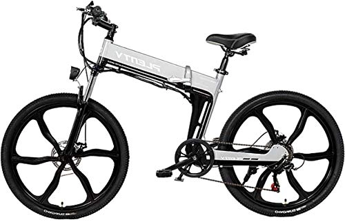 Electric Bike : RDJM Electric Bike, Folding Mountain Bike, 24" / 26'' Magnesium Alloy Integrated Wheel Bike with 48V 10Ah Removable Lithium-Ion Battery, Shimano 7-Speed Gear Shifts (Color : Grey, Size : 26)