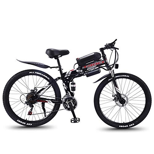 Electric Bike : REWD Folding Electric Mountain Bike, 350W Snow Bikes, Removable 36V 8AH Lithium-Ion Battery for, Adult Premium Full Suspension 26 Inch Electric Bicycle (Color : Black)