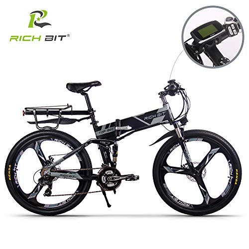 Electric Bike : RICH BIT Electric Bicycle 250W 36V 12.8Ah Lithium Battery Folding E-bike LCD Display Smart Mountain Bike Gray (GRAY 2.0)