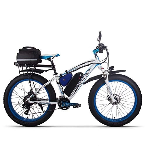 Electric Bike : RICH BIT Electric bike Ebike mountain bike, 26" fat tire electric bike with 48V 17Ah / lithium battery and Shimano 21 gears (blue-plus)