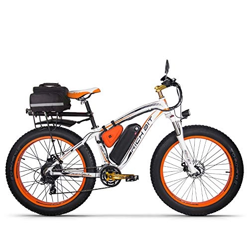 Electric Bike : RICH BIT Electric bike Ebike mountain bike, 26" fat tire electric bike with 48V 17Ah / lithium battery and Shimano 21 gears (orange -plus)