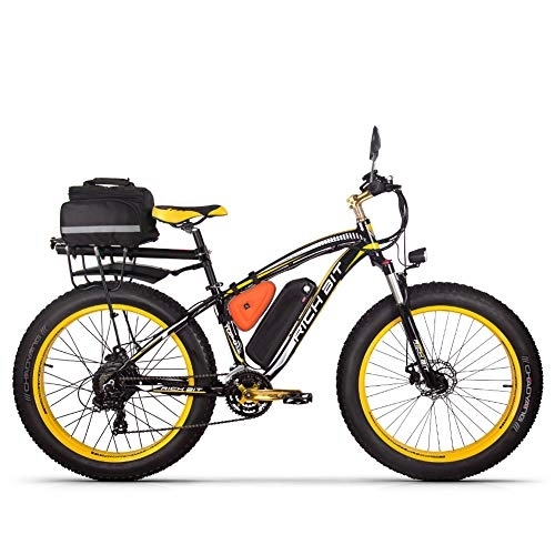 Electric Bike : RICH BIT Electric bike Ebike mountain bike, 26" fat tire electric bike with 48V 17Ah / lithium battery and Shimano 21 gears (yellow-plus)