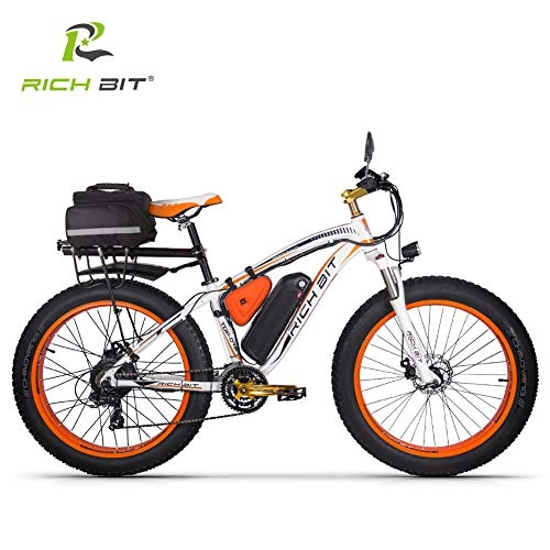 Electric Bike : RICH BIT Electric bike TOP-022 1000W 26inch Electric Fat Tire Snow Bicycle 48V *17Ah Lithium-ion Battery Beach Mountain Ebike (white orange)
