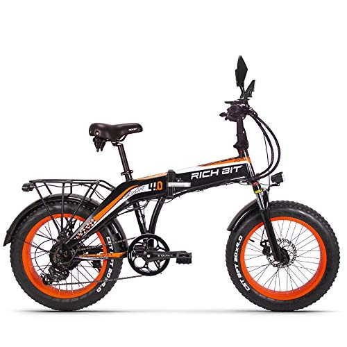 Electric Bike : RICH BIT Electric Folding Bike Fat Tire 20 4" with 48V 500W 9.6Ah Lithium-ion battery, City Commute Mountain Bicycle Booster 30-40KM(Orange)