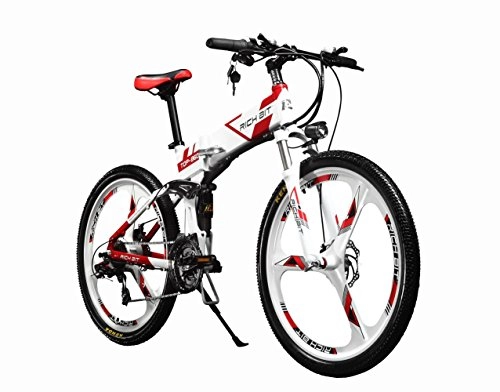 Electric Bike : RICH BIT Electric Folding Mountain Bike Mens Bicycle MTB RT860 250W*36V*8Ah 26 Inch Dual Suspension 21Speed SHIMANO Dearilleur LG Battery Cell Double Disc Brake White-Red (Magnescium)