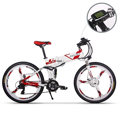 Electric Bike : RICH BIT Electric Folding Mountain Bike Mens Bicycle MTB RT860 250W*36V*8Ah 26 Inch Dual Suspension 21Speed SHIMANO Dearilleur LG Battery Cell Double Disc Brake White-Red (WHITE-RED SP)