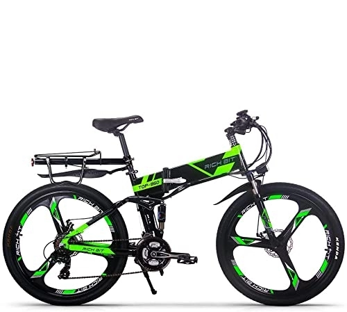 Electric Bike : Rich BIT TOP-860 36V 12.8Ah Full Suspension City Bike Folding Electric Folding Mountain Bicycle (Black-Green)