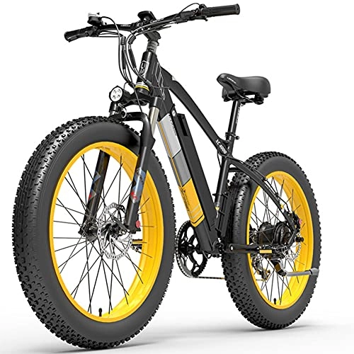 Electric Bike : RSTJ-Sjef Electric Fat Tire Mountain Bike, 26 Inch 7 Speed Electric Bicycle with 48V 13Ah Lithium Battery, 1000W Snow E-Bike for Aldult, Maximum Load 260Kg / 570Lbs, Yellow, 1000W