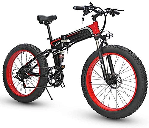 Electric Bike : RVTYR Full Suspension Frame 26Inch Electric Mountain Bike Removable Large Capacity Lithium-Ion Battery, 7 Speed Gear Three Working Modes, Black red, 350W electric bike