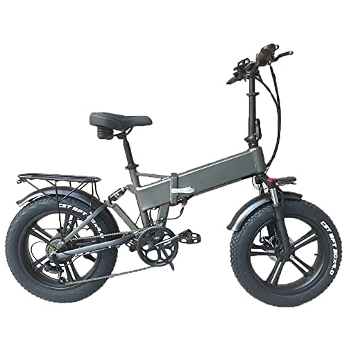 Electric Bike : RX20 Folding Electric Bicycle 20 * 4.0 Fat Tire Mountain Bike 48V E-bike Full Suspension (Grey, 15Ah)