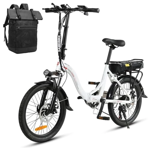 Electric Bike : SAMEBIKE 20" Electric Bike for Adult, JG20 Spoked Wheel Version with 36V 12AH Removable Lithium-Ion Battery, Folding City Commuter Electric Bicycle, Shimano 7-Speed, White, UK Plug