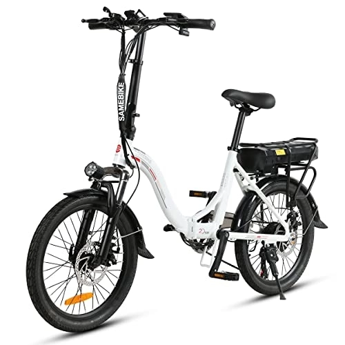 Electric Bike : SAMEBIKE 20" Electric Bike for Adult, JG20 Spoked Wheel Version with 36V Removable Lithium-Ion Battery, Folding City Commuter Electric Bicycle, Shimano 7-Speed, White